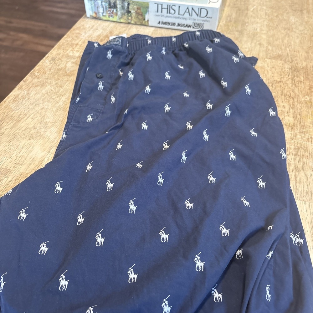 Polo Ralph Lauren Mens Cotton Pajama Bottoms Blue Logo Print Sleep Pants Size L